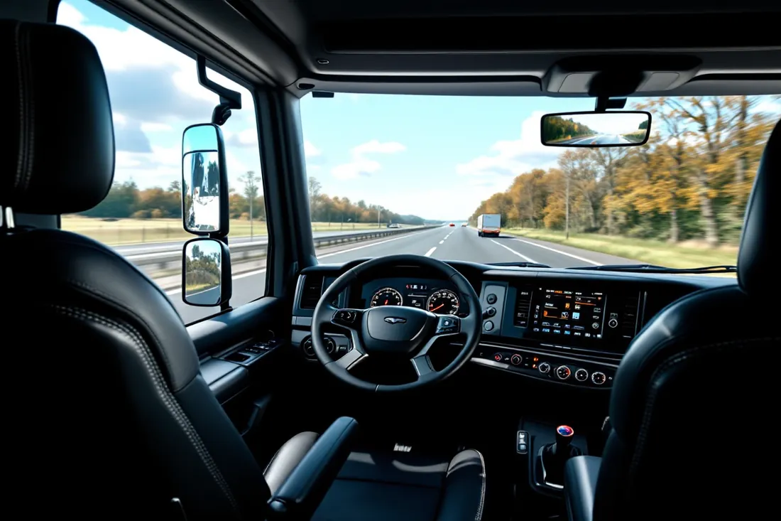 The view from the driver's seat of a modern Scania S-series cab — clean dashboard, big wheel and the road ahead through the windscreen.