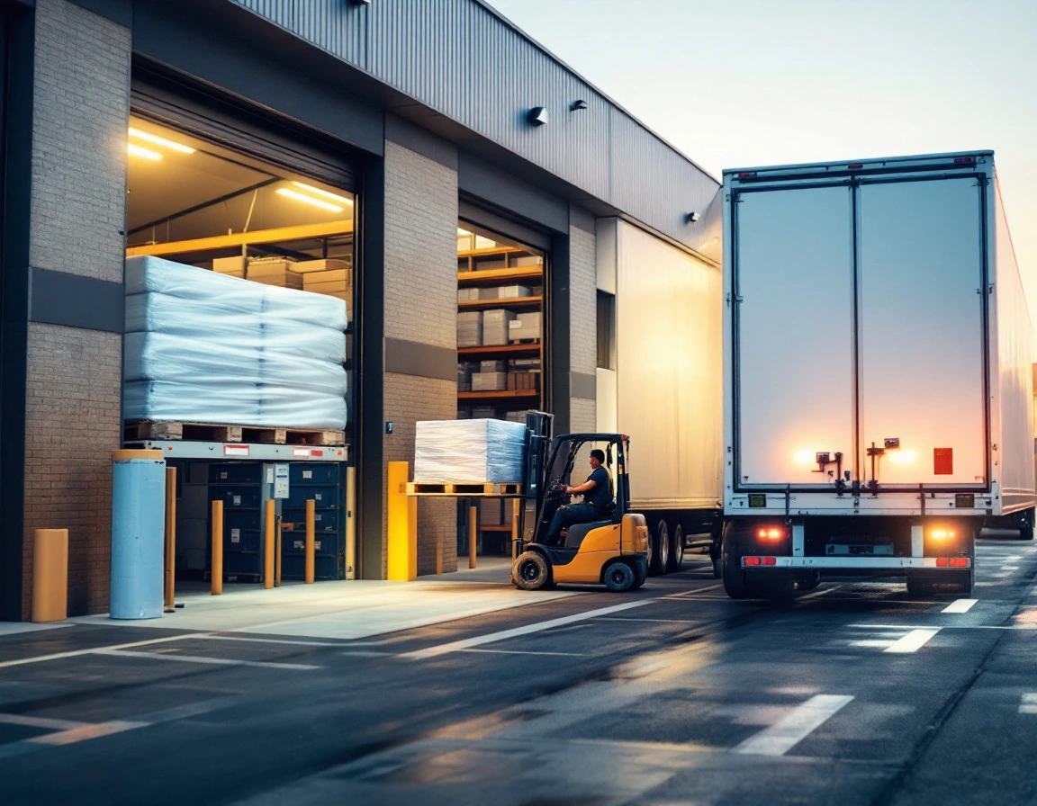 A refrigerated trailer at a loading bay at dawn, rear doors open as a pallet is loaded.