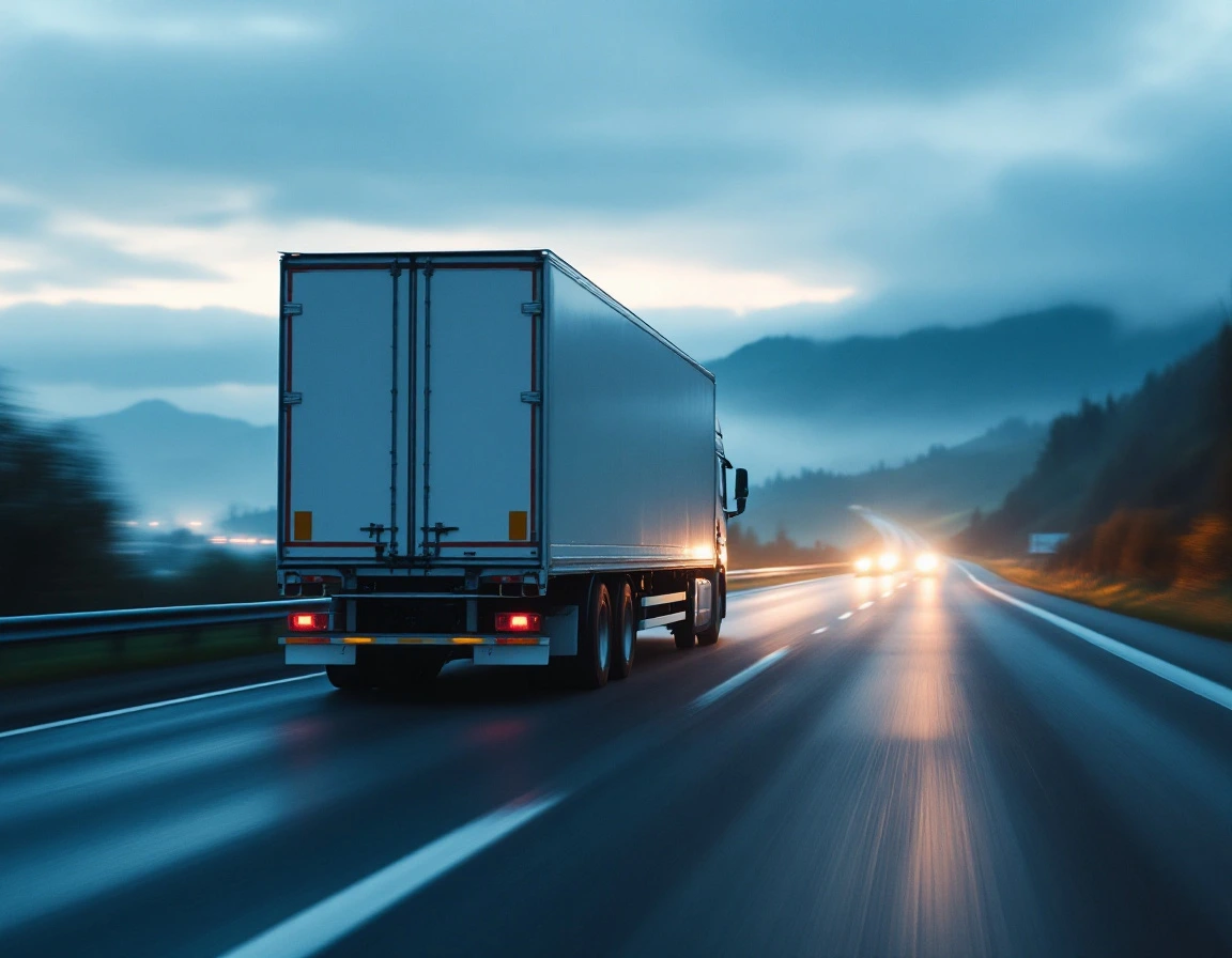 A white refrigerated articulated lorry travelling on a motorway at dawn.