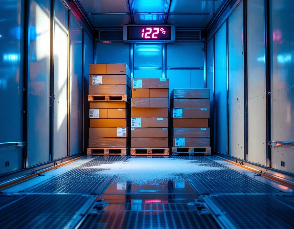 Inside a refrigerated trailer — stacked pallets of chilled goods and an in-trailer temperature display.