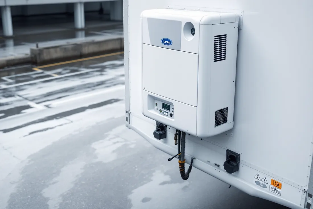 A white Carrier refrigeration unit mounted on the front of a white Cool Move reefer trailer at the depot.