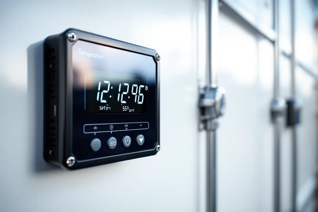 A close-up of a reefer temperature controller display on the side of a white trailer, showing the setpoint.