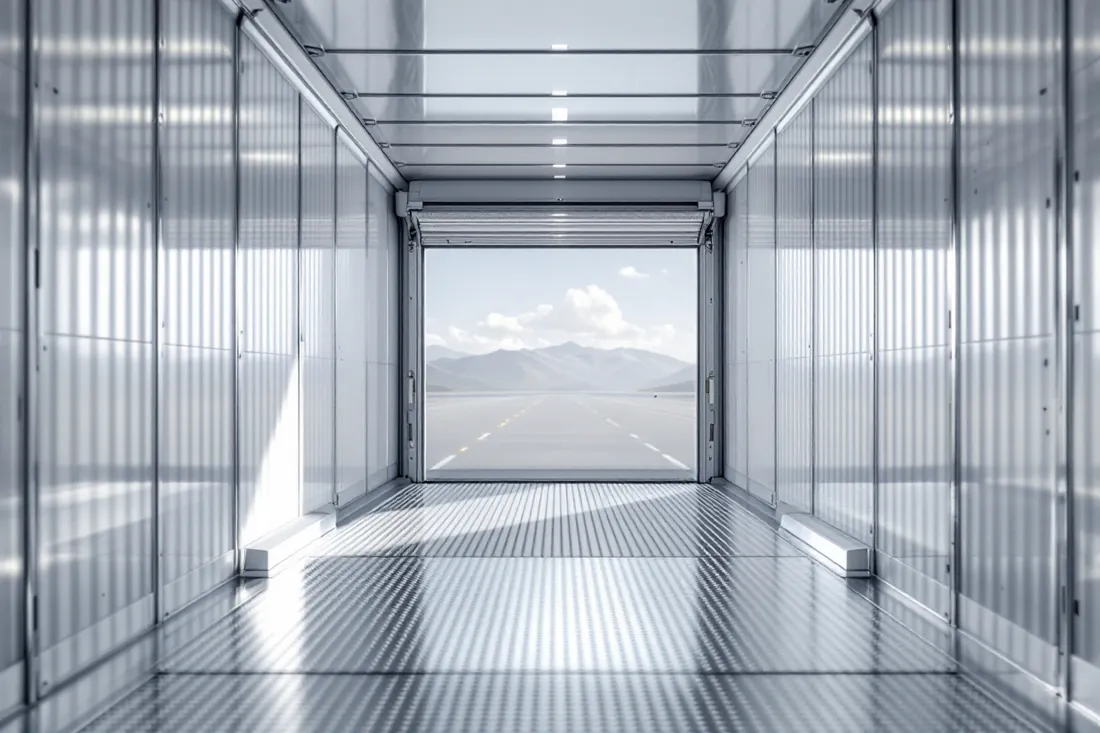 The clean aluminium interior of a refrigerated trailer, looking out through the open rear doors to the road.